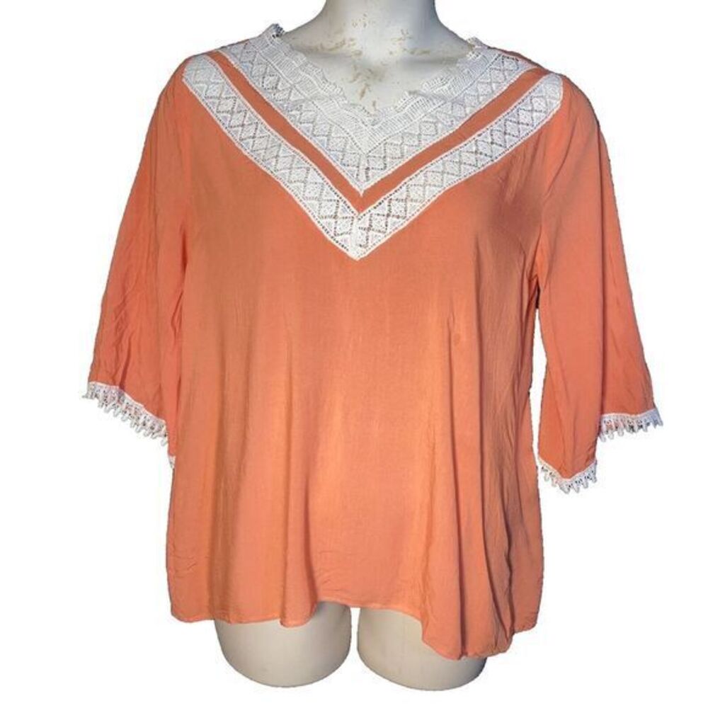 Kori America Women Medium Top Coral‎ Crochet Trim Boho Hippie Tunic Beach Blouse